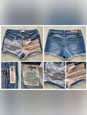 YMI Juniors Size 3 Denim Shorts American Flag Stars Stripes Frayed Hem